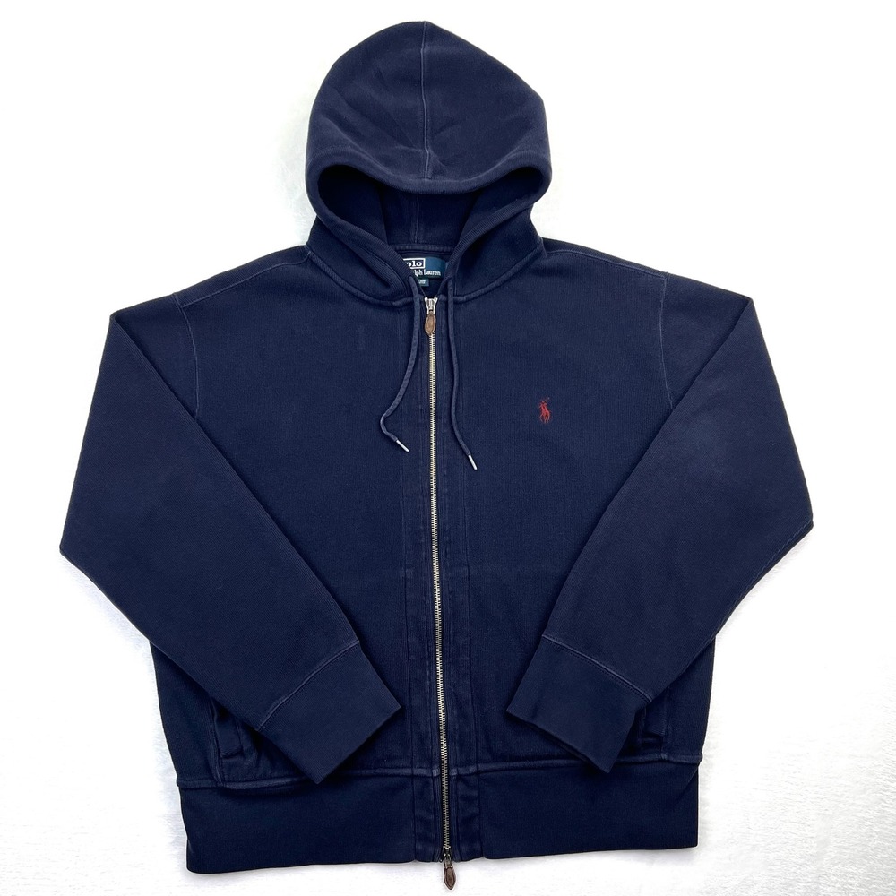 Polo Ralph Lauren Mens XL Navy Blue Full Zip Hoodie Ribbed Cotton Red Pony Logo